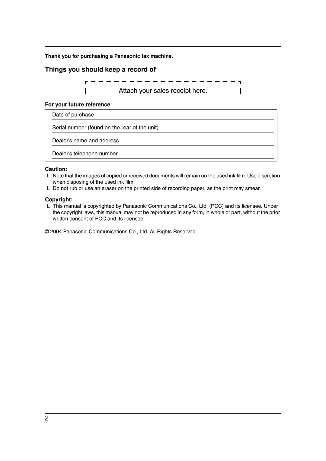 Panasonic KX-FP143HK Thank you for purchasing a Panasonic fax machine, For your future reference, Copyright 