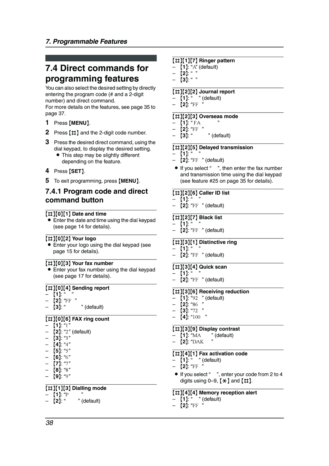 Panasonic KX-FP143HK Direct commands for programming features, Program code and direct command button 