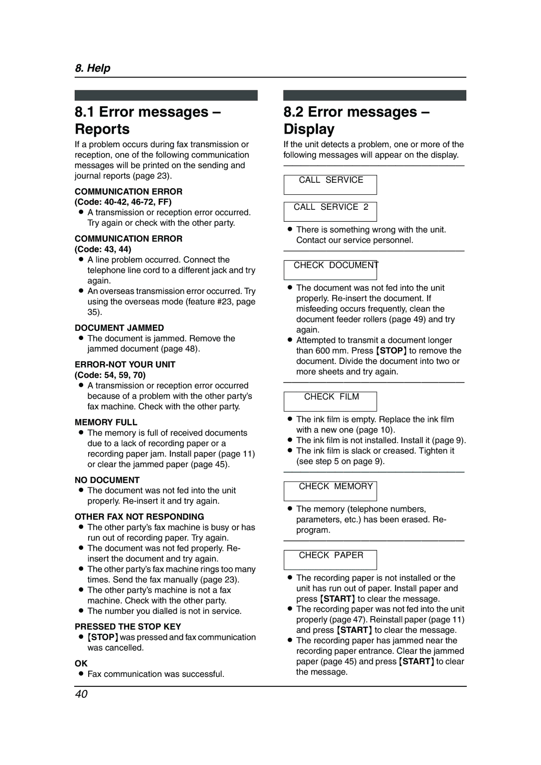 Panasonic KX-FP143HK operating instructions Error messages Reports, Error messages Display 