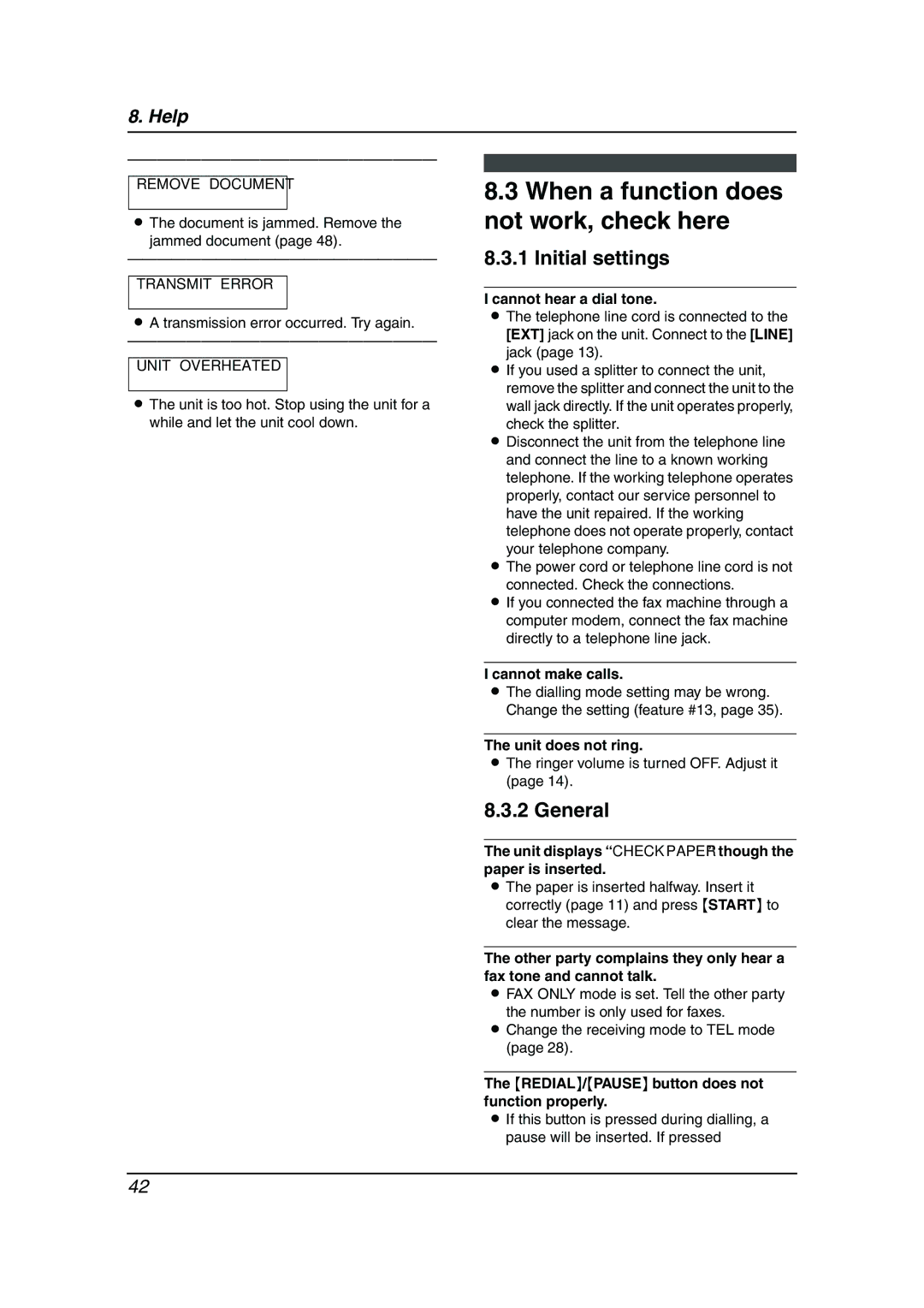 Panasonic KX-FP143HK operating instructions When a function does not work, check here, Initial settings, General 