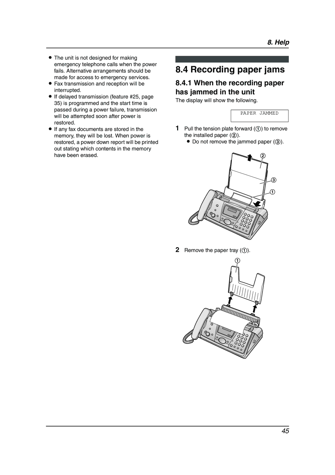 Panasonic KX-FP143HK operating instructions Recording paper jams, When the recording paper has jammed in the unit 