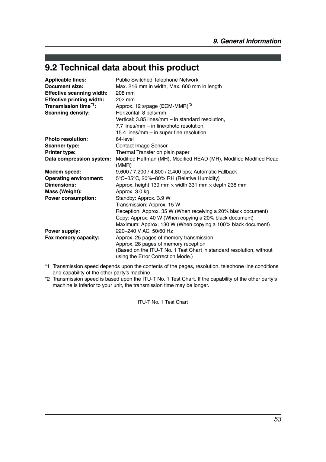 Panasonic KX-FP143HK operating instructions Technical data about this product 