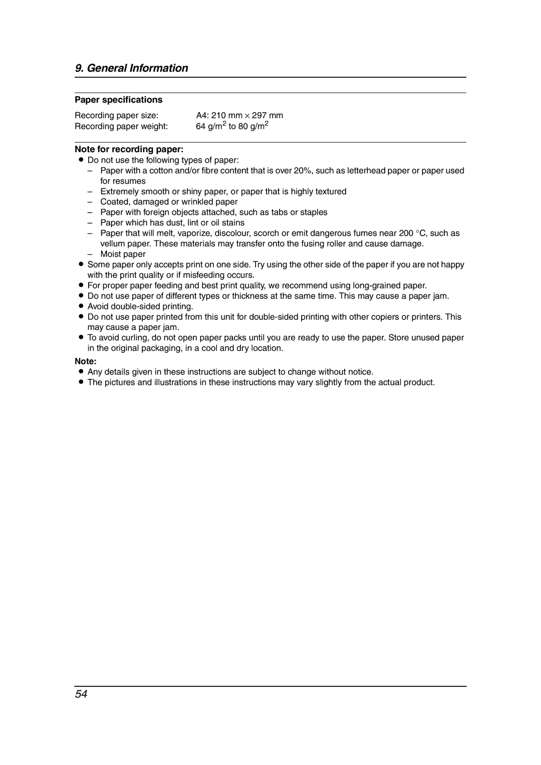 Panasonic KX-FP143HK operating instructions Paper specifications, Recording paper size 