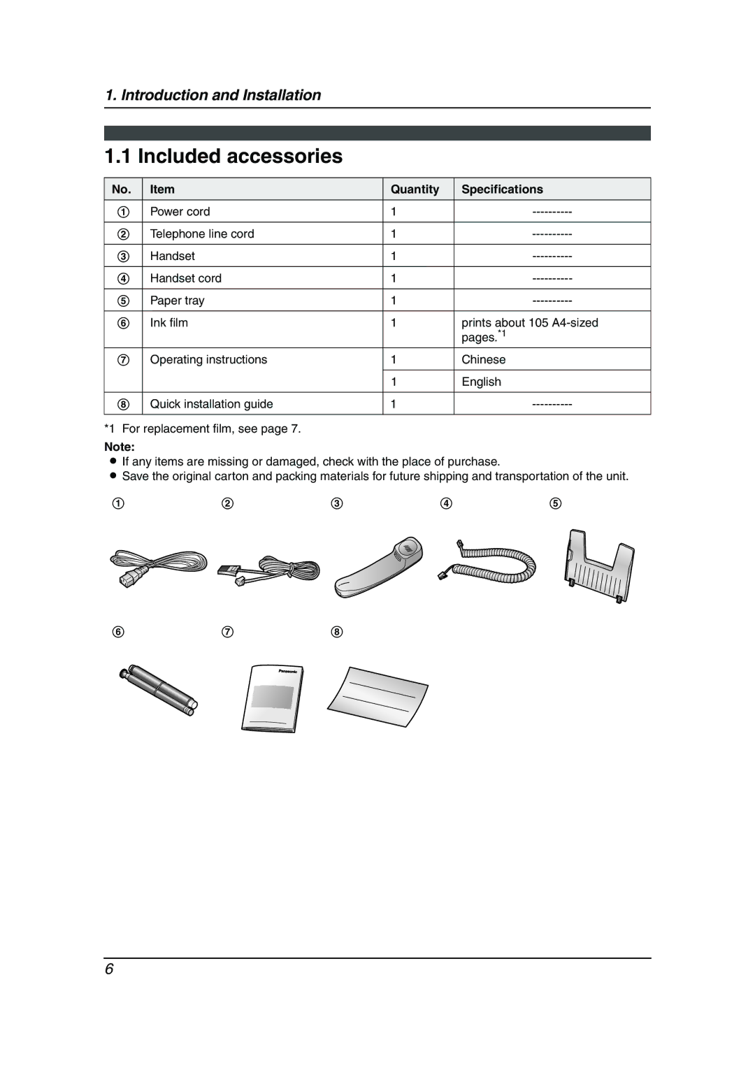 Panasonic KX-FP143HK operating instructions Included accessories, Quantity Specifications 