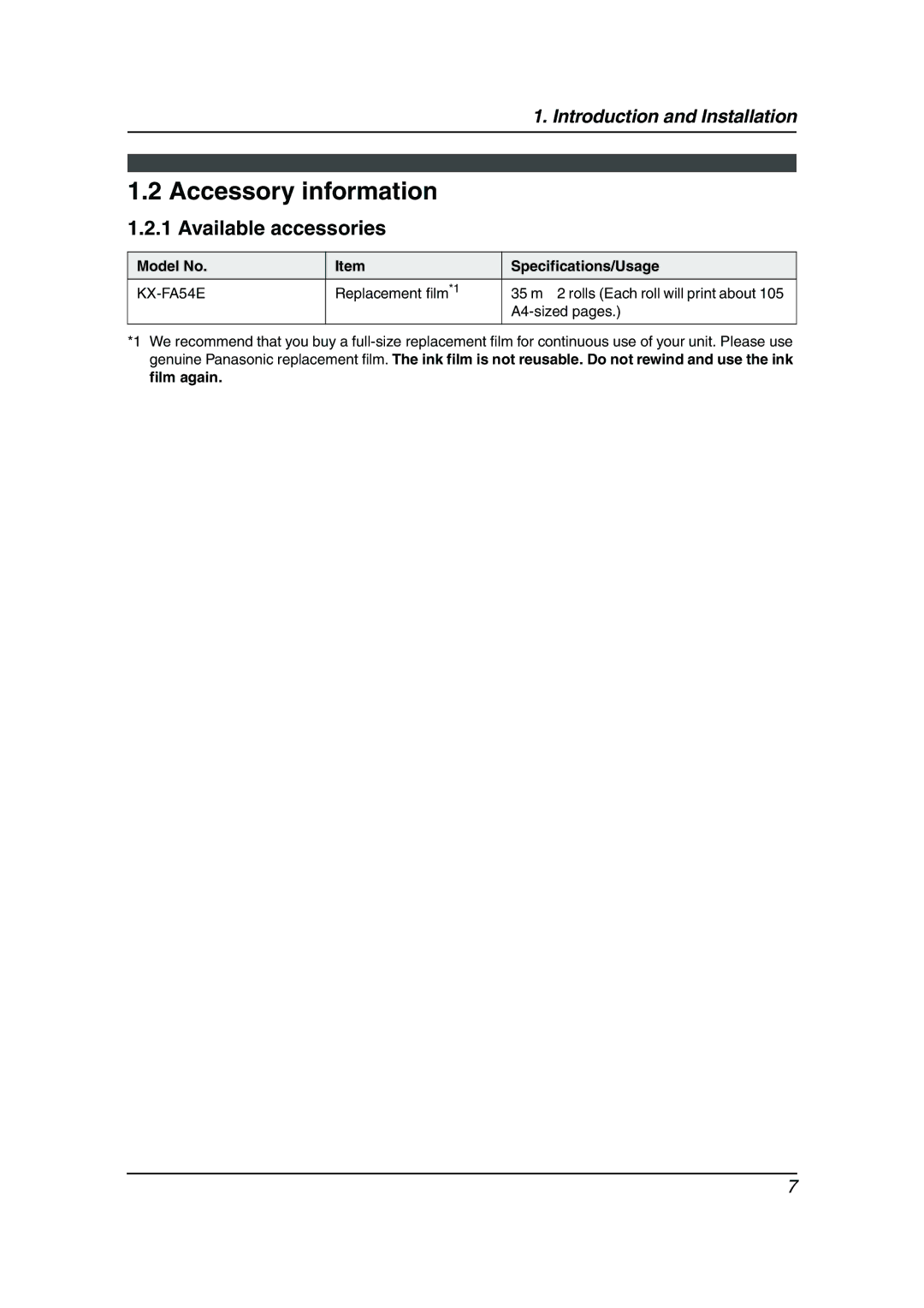 Panasonic KX-FP143HK Accessory information, Available accessories, Model No Specifications/Usage, Film again 