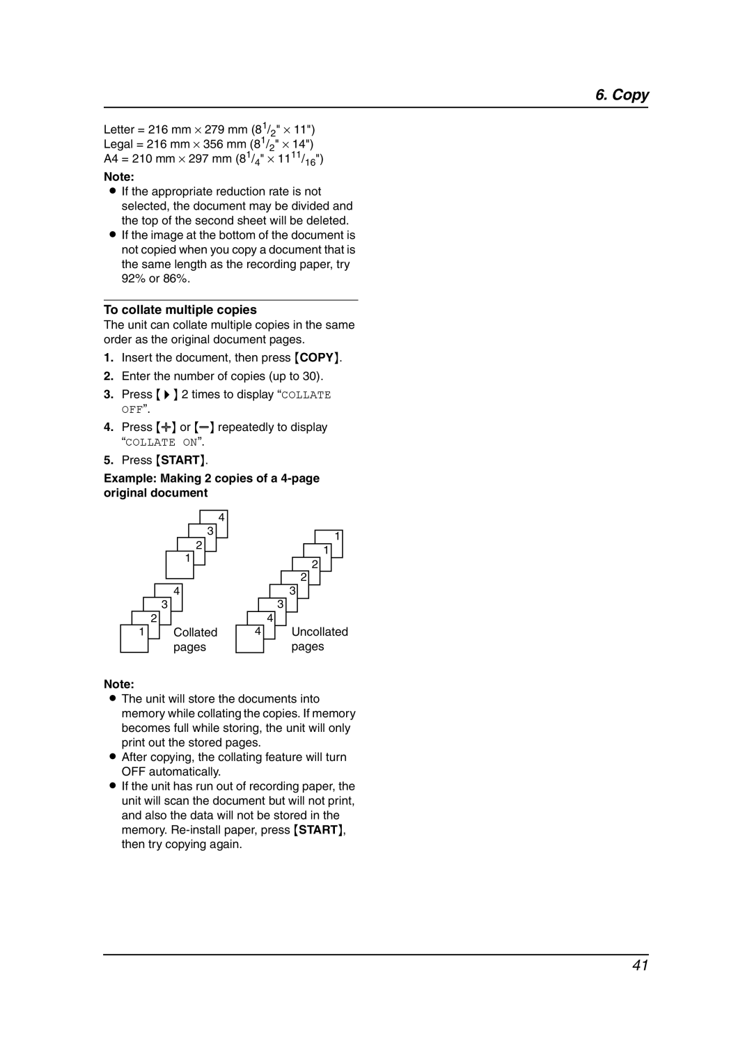 Panasonic KX-FP145 operating instructions To collate multiple copies, Example Making 2 copies of a 4-page original document 