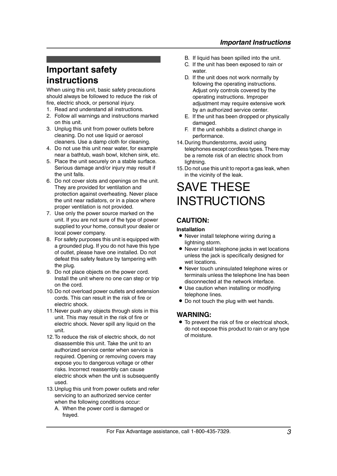 Panasonic KX-FP145 Important safety instructions, Installation, Never install telephone wiring during a Lightning storm 