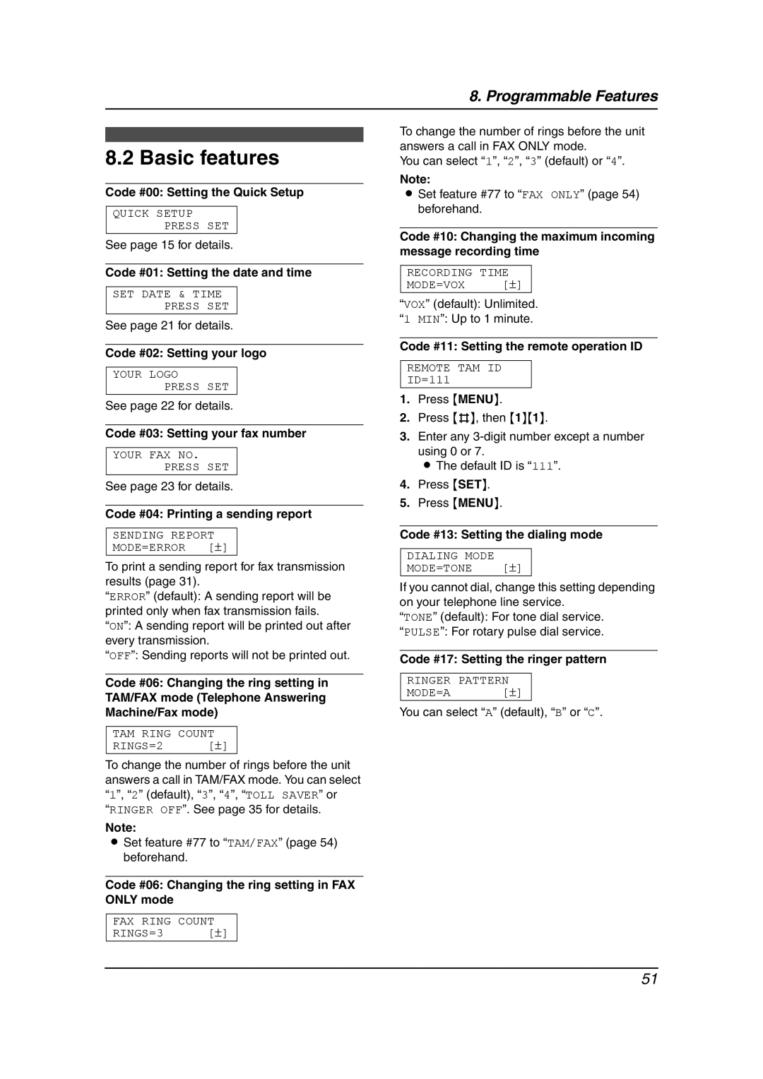 Panasonic KX-FP145 operating instructions Basic features 