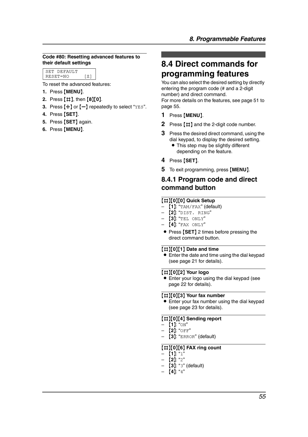 Panasonic KX-FP145 operating instructions Direct commands for programming features, Program code and direct command button 