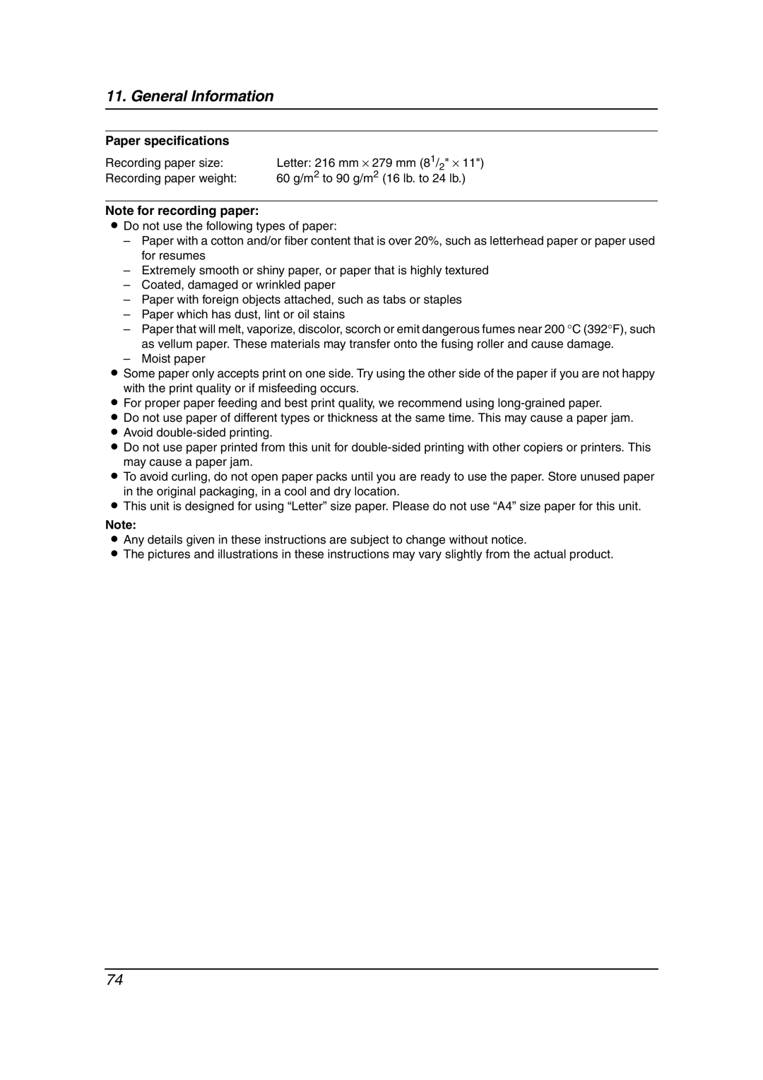 Panasonic KX-FP145 operating instructions Paper specifications, Recording paper size 