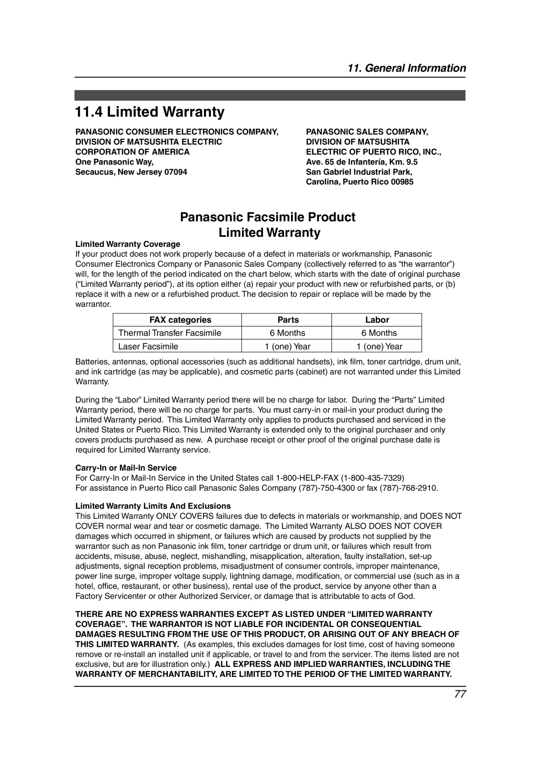 Panasonic KX-FP145 Limited Warranty, FAX categories Parts Labor, Thermal Transfer Facsimile, Laser Facsimile 