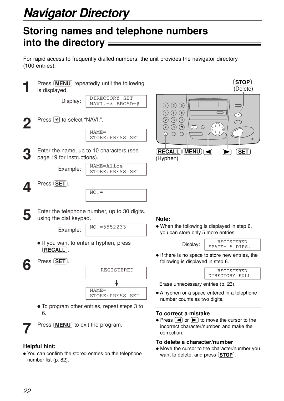 Panasonic KX-FP151AL, KX-FP155AL Navigator Directory, Storing names and telephone numbers into the directory, Helpful hint 