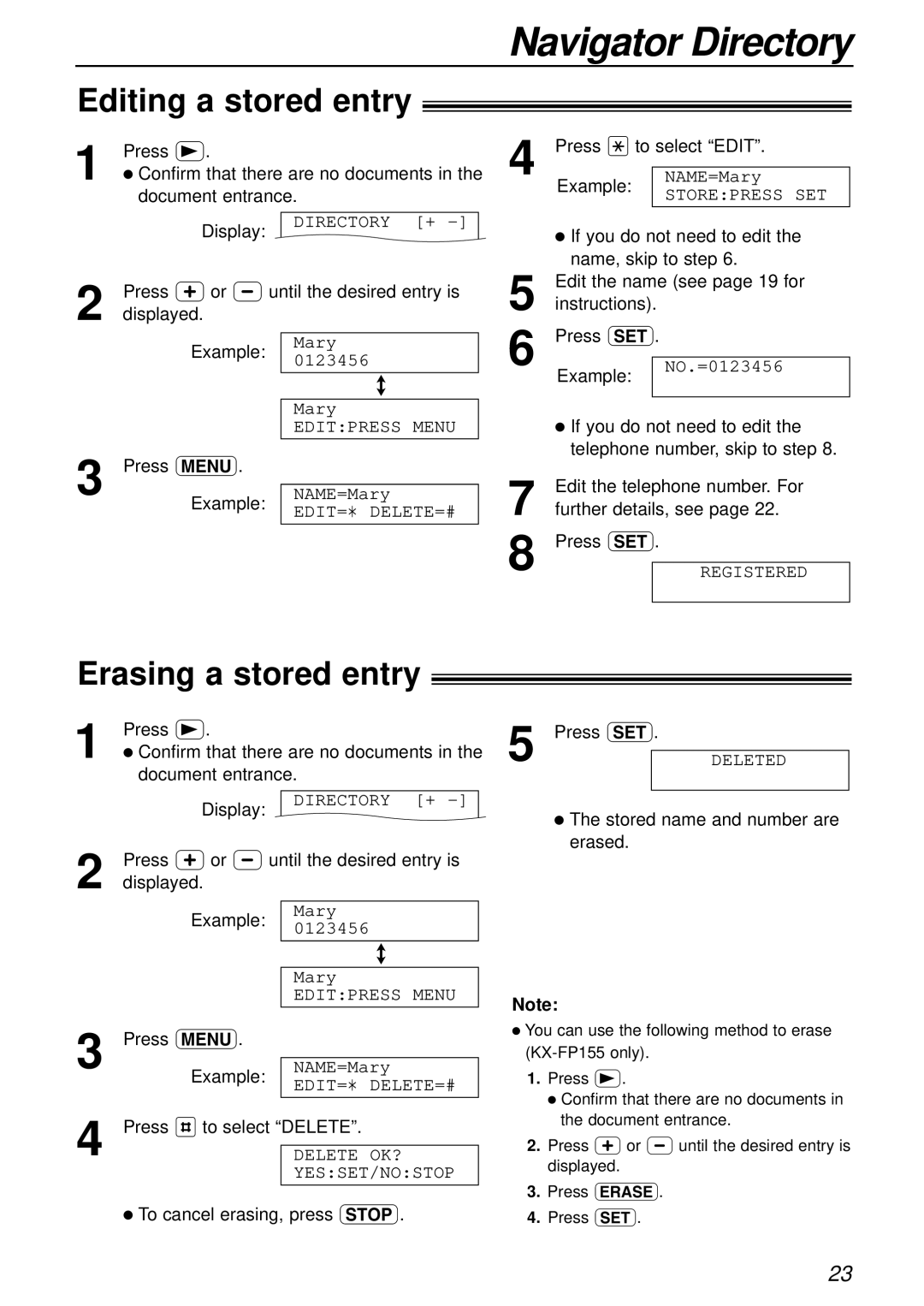 Panasonic KX-FP155AL, KX-FP151AL manual Editing a stored entry, Erasing a stored entry 