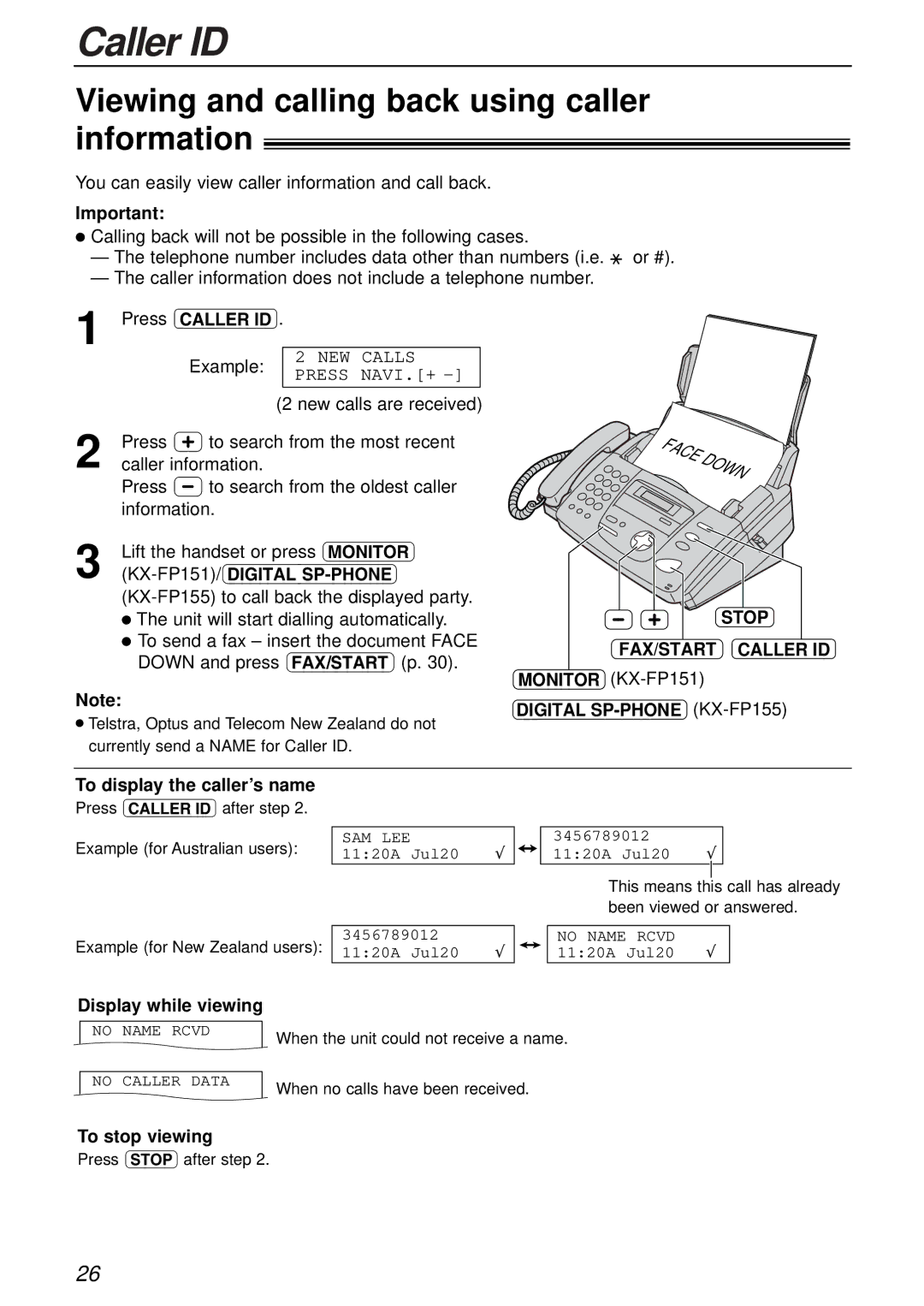 Panasonic KX-FP151AL Viewing and calling back using caller information, Stop FAX/START Caller ID, Display while viewing 