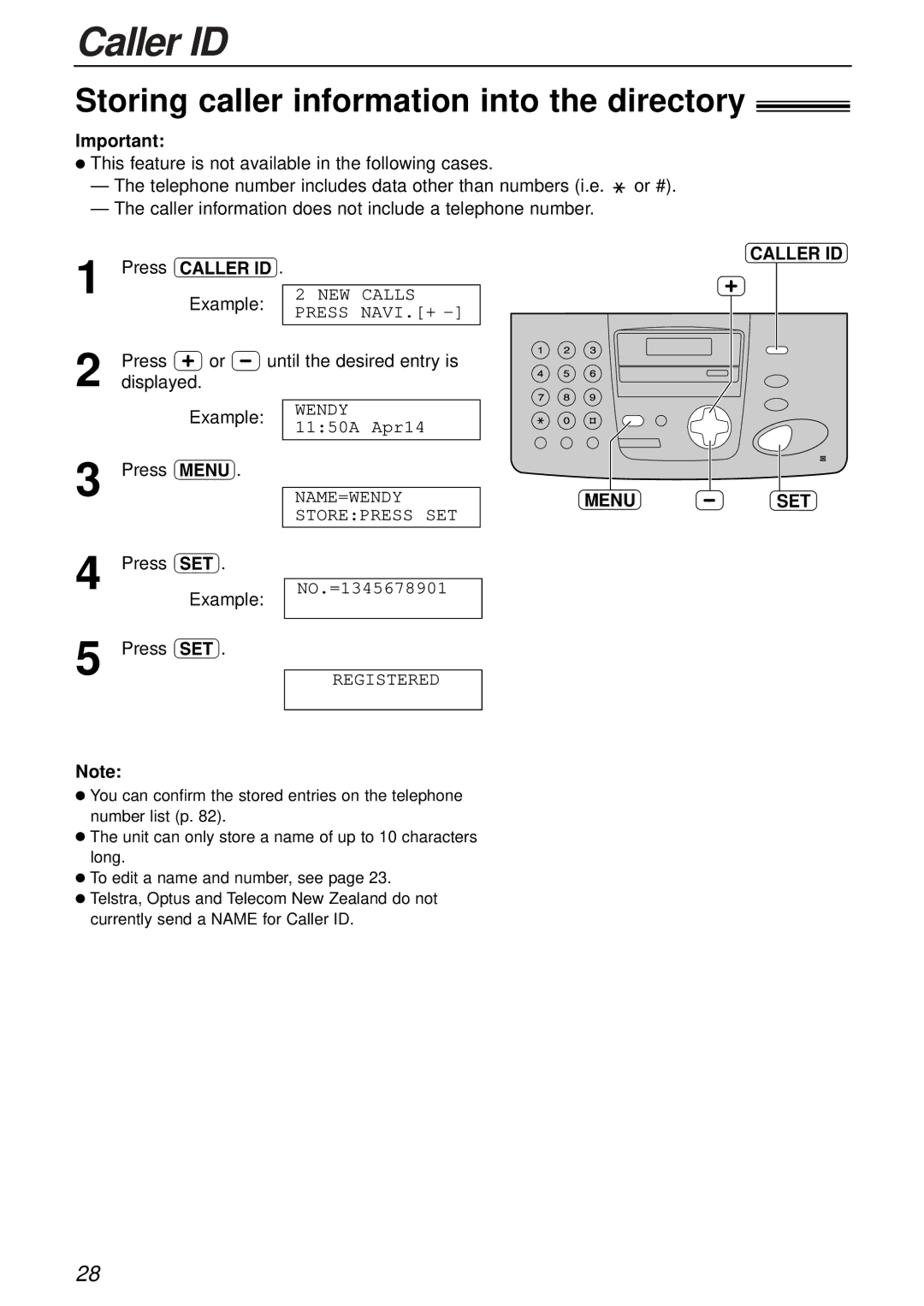 Panasonic KX-FP151AL, KX-FP155AL manual Storing caller information into the directory, Caller ID, NAME=WENDY Storepress SET 