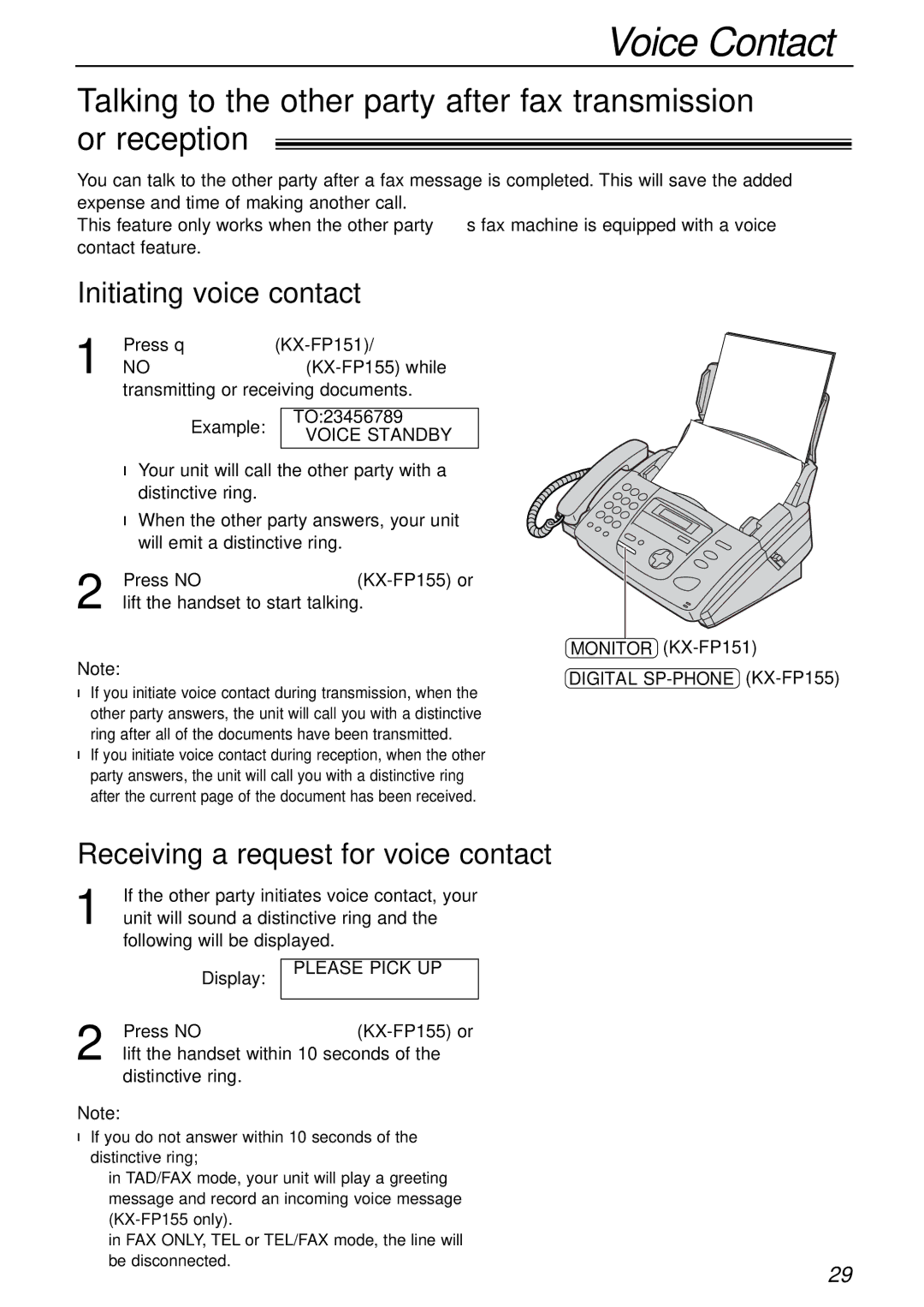 Panasonic KX-FP155AL manual Voice Contact, Initiating voice contact, Receiving a request for voice contact, Voice Standby 