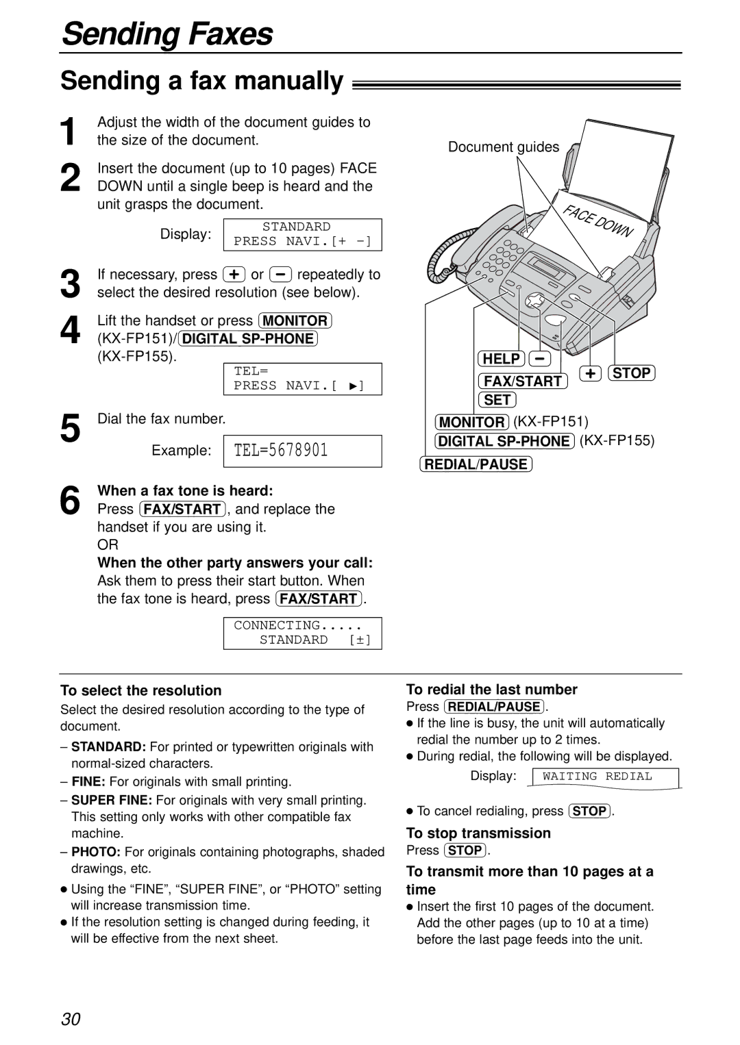 Panasonic KX-FP151AL, KX-FP155AL Sending Faxes, Sending a fax manually, Help FAX/START SET Stop 