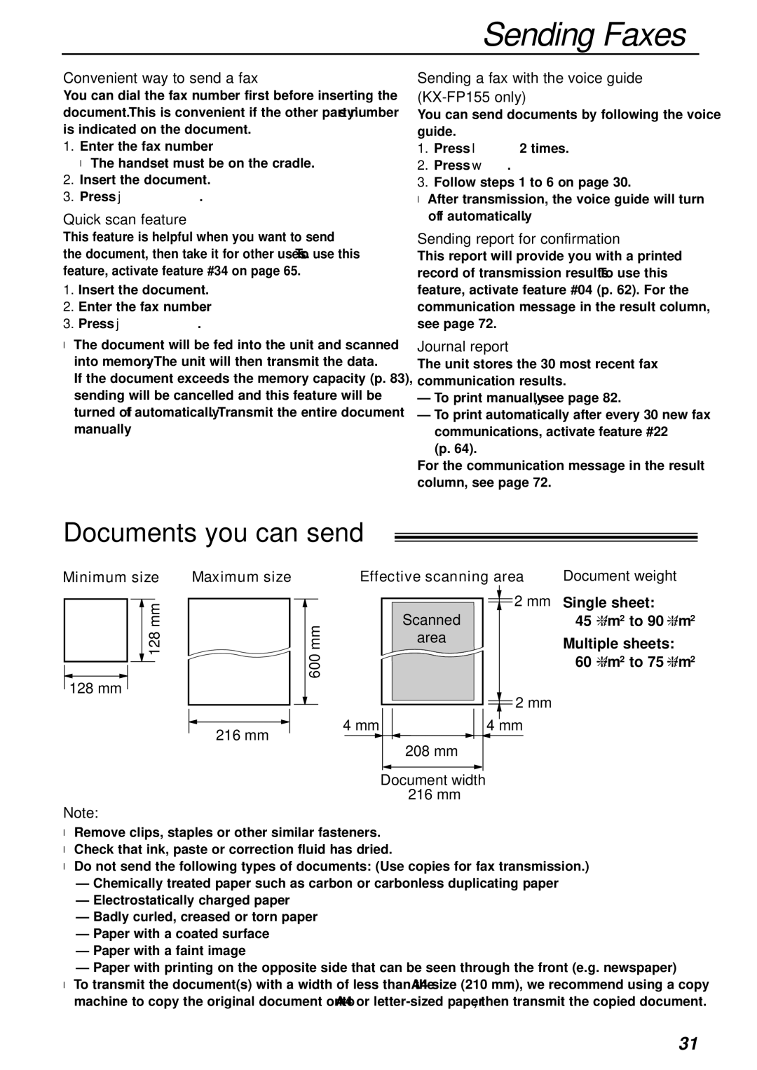 Panasonic KX-FP155AL, KX-FP151AL manual Documents you can send 