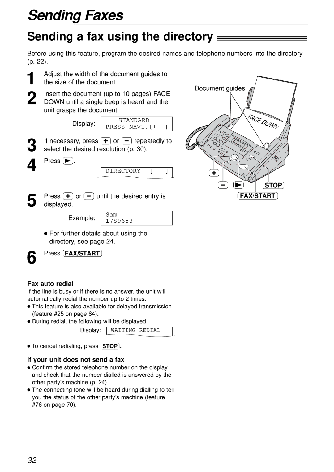 Panasonic KX-FP151AL Sending a fax using the directory, Stop FAX/START, Fax auto redial, If your unit does not send a fax 