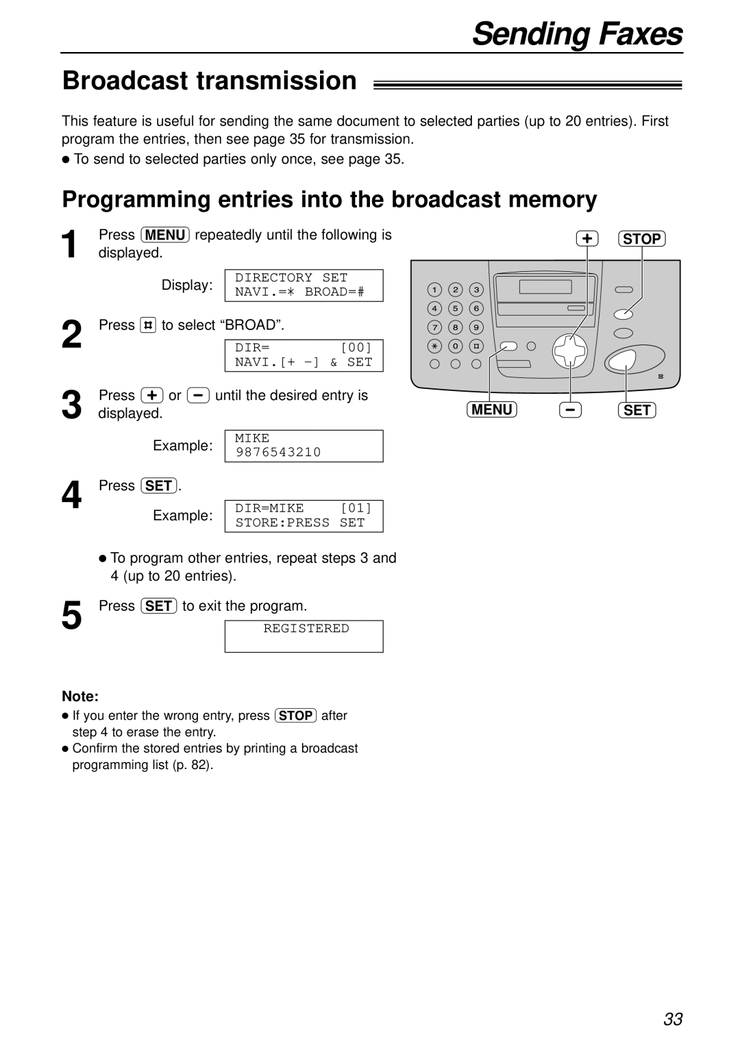 Panasonic KX-FP155AL, KX-FP151AL Broadcast transmission, Programming entries into the broadcast memory, Menu, Stop SET 