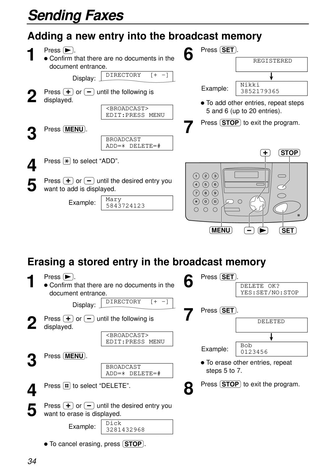 Panasonic KX-FP151AL manual Adding a new entry into the broadcast memory, Erasing a stored entry in the broadcast memory 