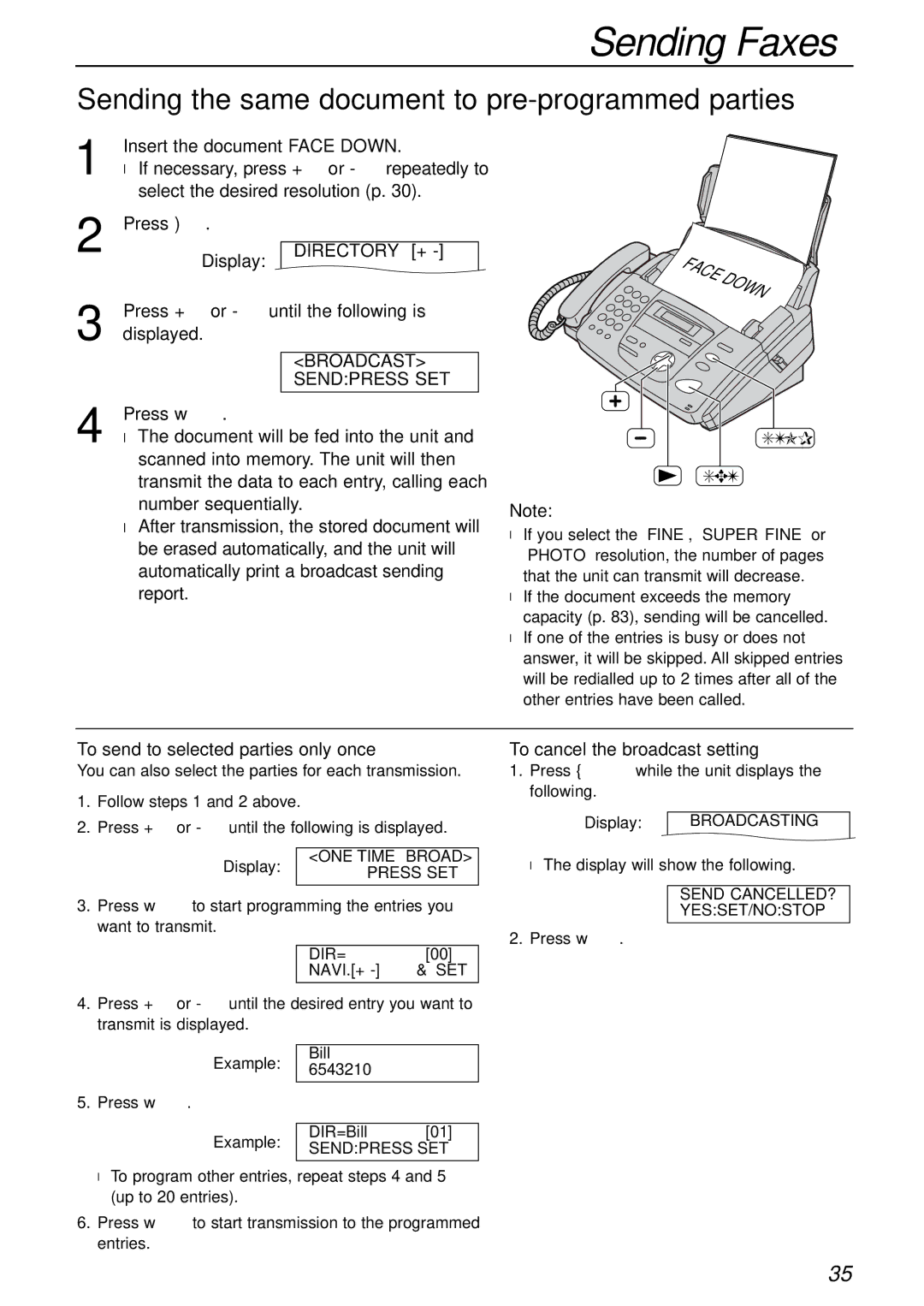 Panasonic KX-FP155AL, KX-FP151AL manual Sending the same document to pre-programmed parties, Broadcast Sendpress SET 