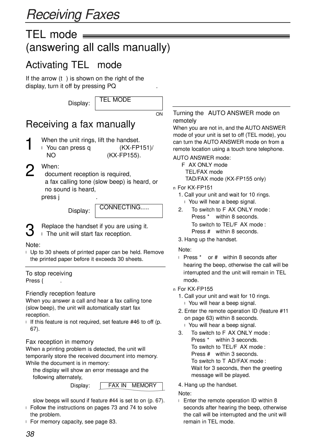 Panasonic KX-FP151AL, KX-FP155AL TEL mode Answering all calls manually, Activating TEL mode, Receiving a fax manually 