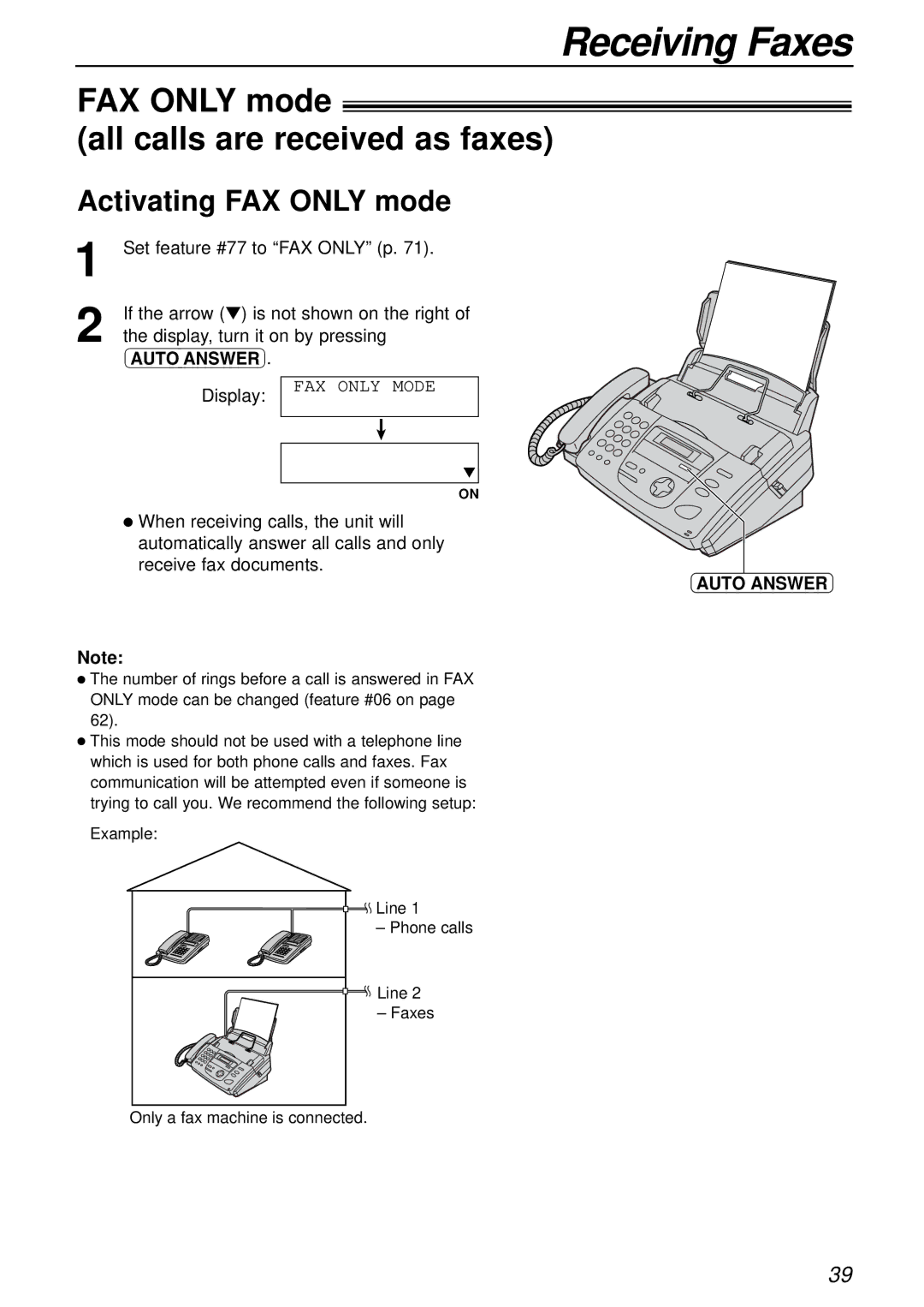 Panasonic KX-FP155AL FAX only mode All calls are received as faxes, Activating FAX only mode, FAX only Mode, Auto Answer 