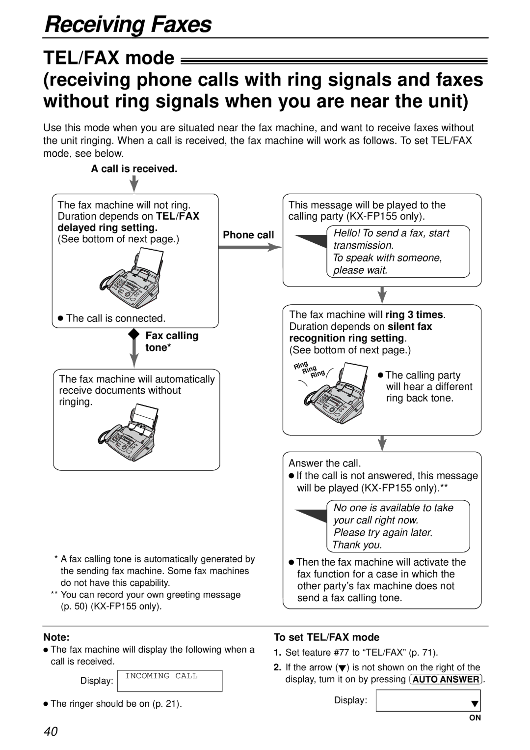 Panasonic KX-FP151AL manual Call is received, Delayed ring setting Phone call, Fax calling Recognition ring setting Tone 