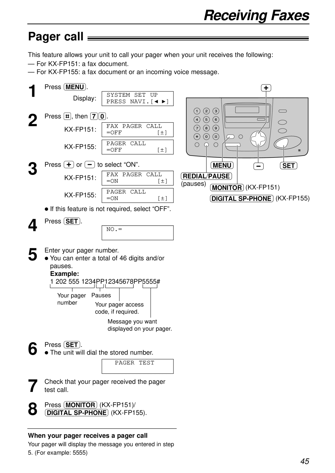 Panasonic KX-FP155AL, KX-FP151AL manual Pager call, Menu SET REDIAL/PAUSE, When your pager receives a pager call 