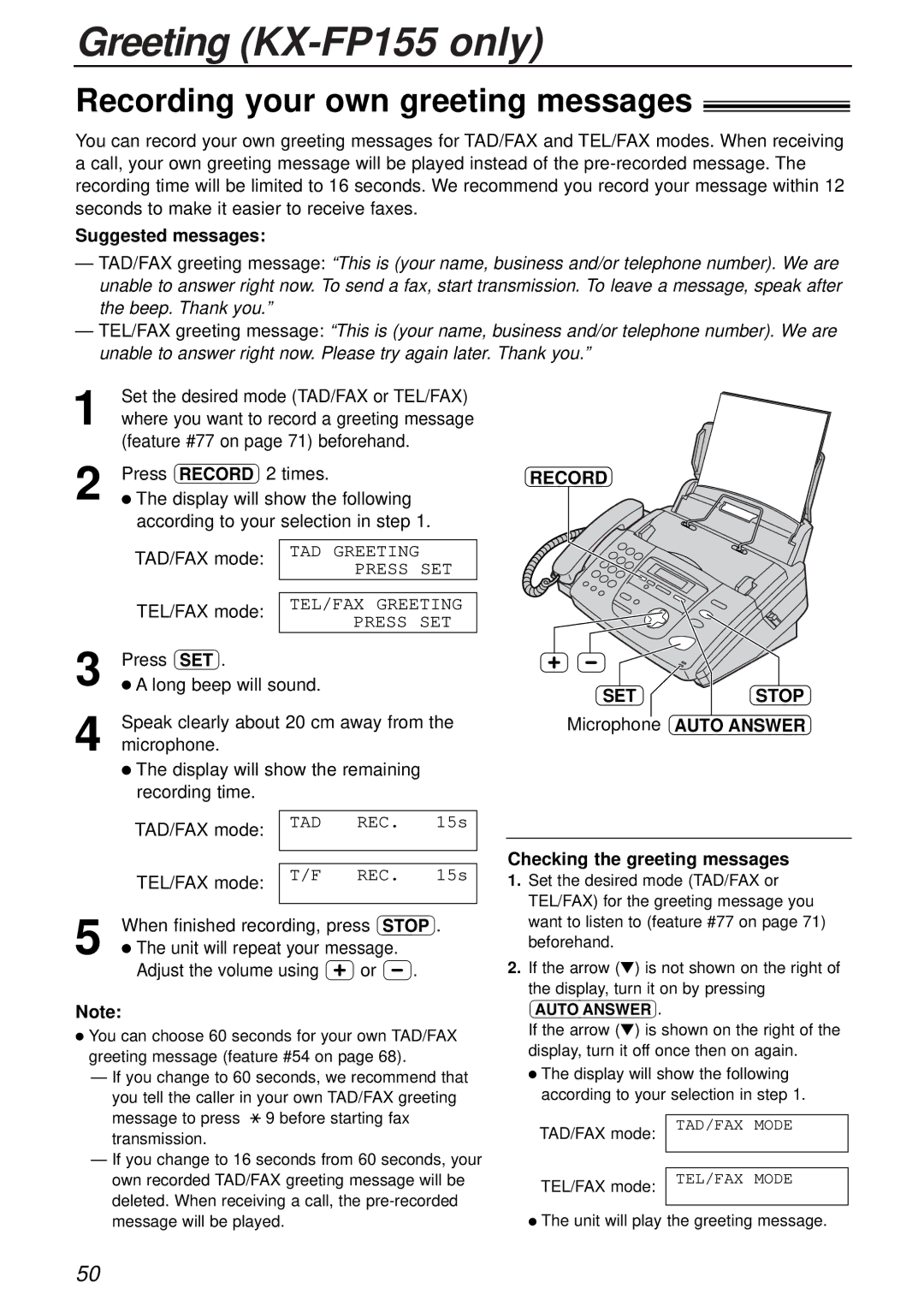 Panasonic KX-FP151AL, KX-FP155AL manual Greeting KX-FP155 only, Recording your own greeting messages, Setstop 