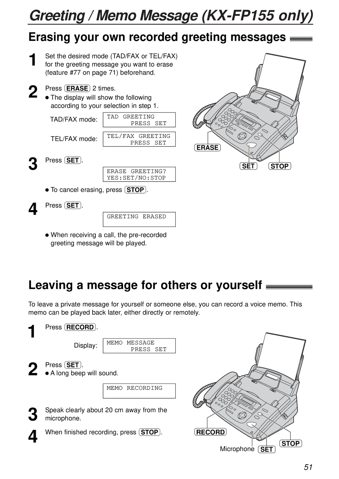 Panasonic KX-FP155AL Greeting / Memo Message KX-FP155 only, Erasing your own recorded greeting messages, Erase SET Stop 