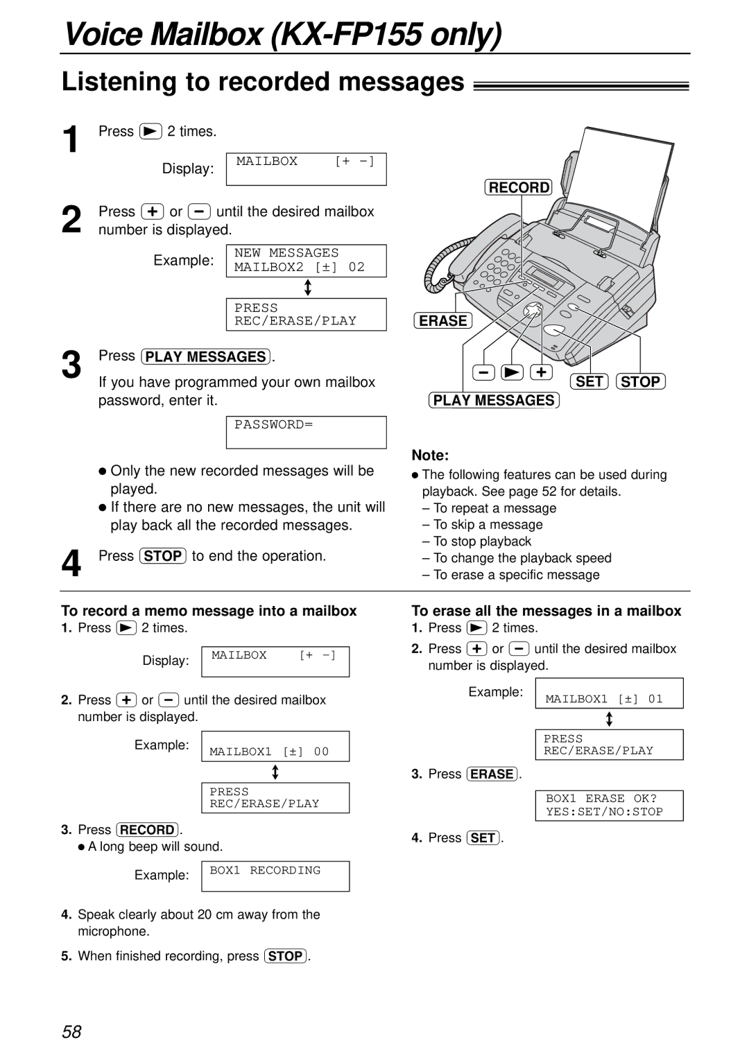 Panasonic KX-FP151AL, KX-FP155AL manual Record Erase SET Stop Play Messages, To record a memo message into a mailbox 