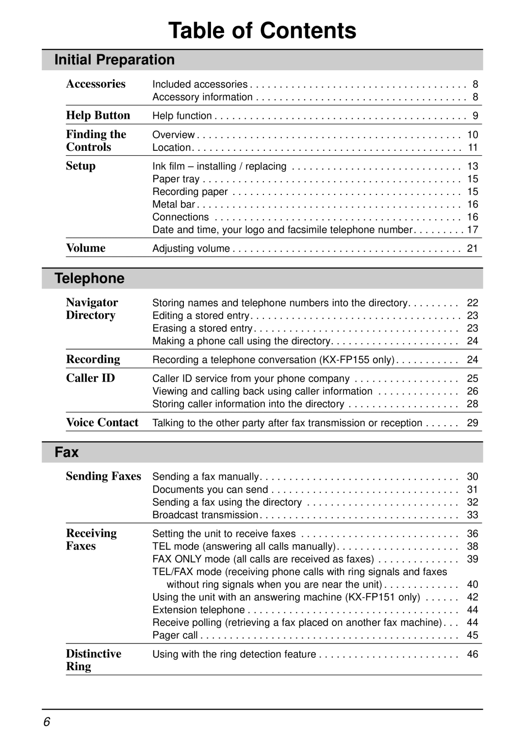 Panasonic KX-FP151AL, KX-FP155AL manual Table of Contents 