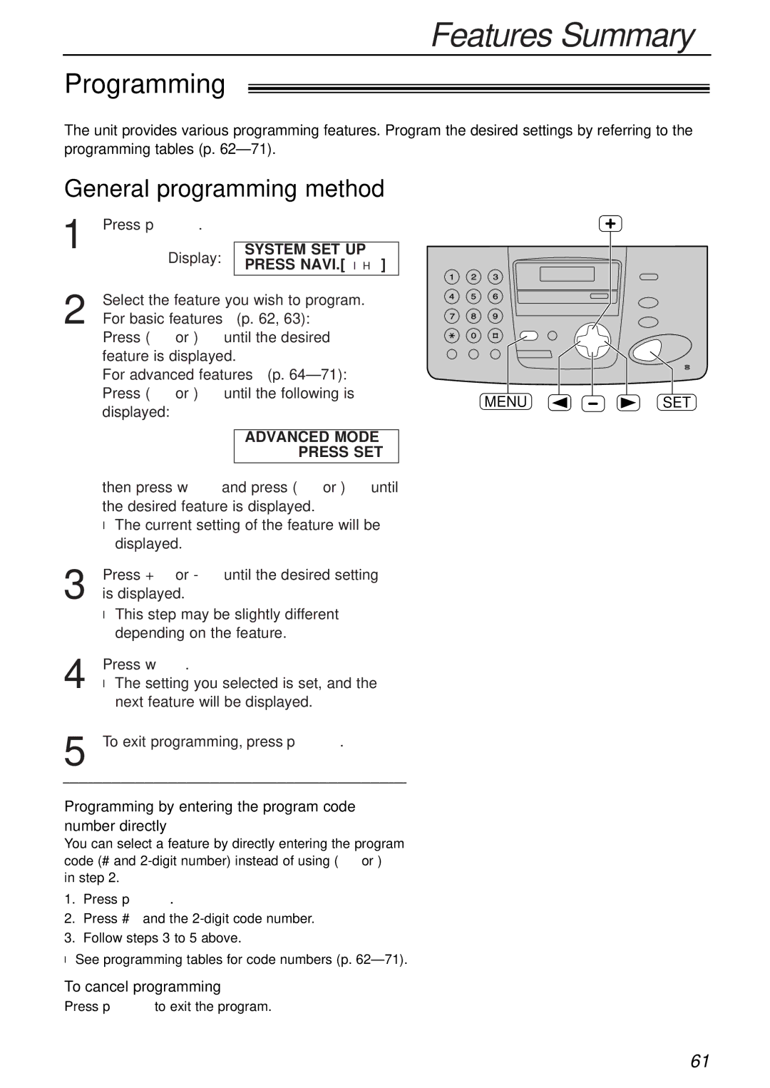 Panasonic KX-FP155AL, KX-FP151AL manual Features Summary, Programming, General programming method 