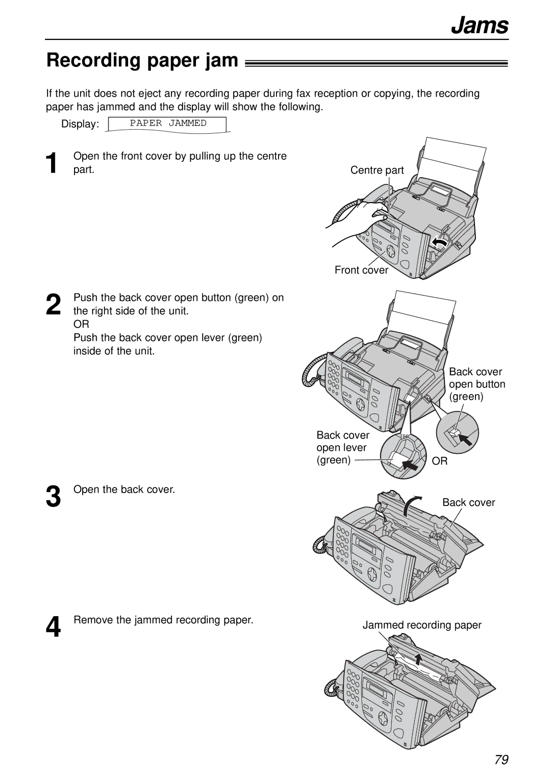 Panasonic KX-FP155AL, KX-FP151AL manual Jams, Recording paper jam, PAPER1JAMMED 