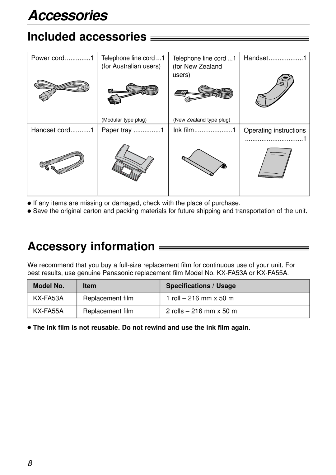 Panasonic KX-FP151AL, KX-FP155AL Accessories, Included accessories, Accessory information, Model No Specifications / Usage 