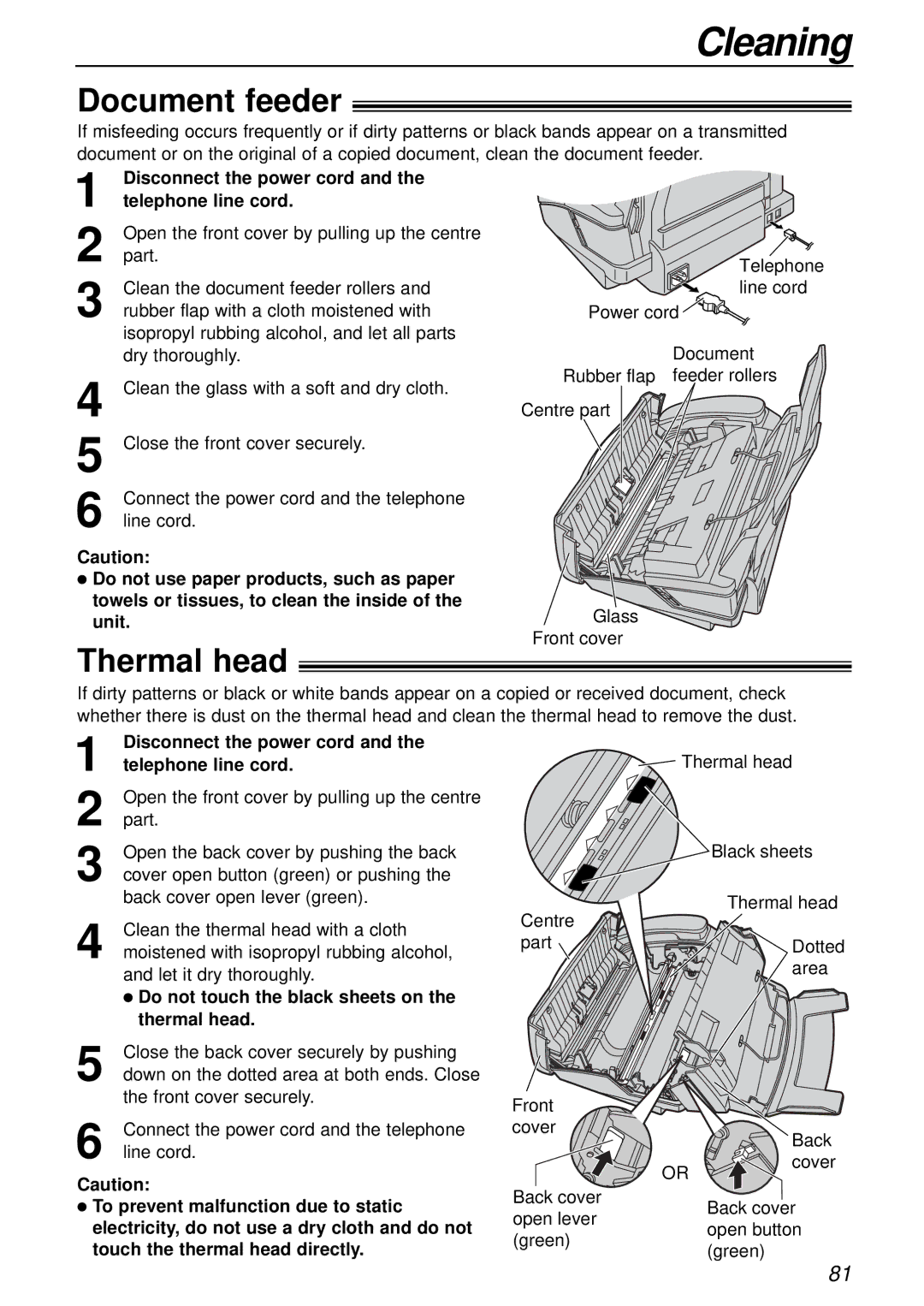 Panasonic KX-FP155AL manual Cleaning, Document feeder, Thermal head, Do not touch the black sheets on the thermal head 