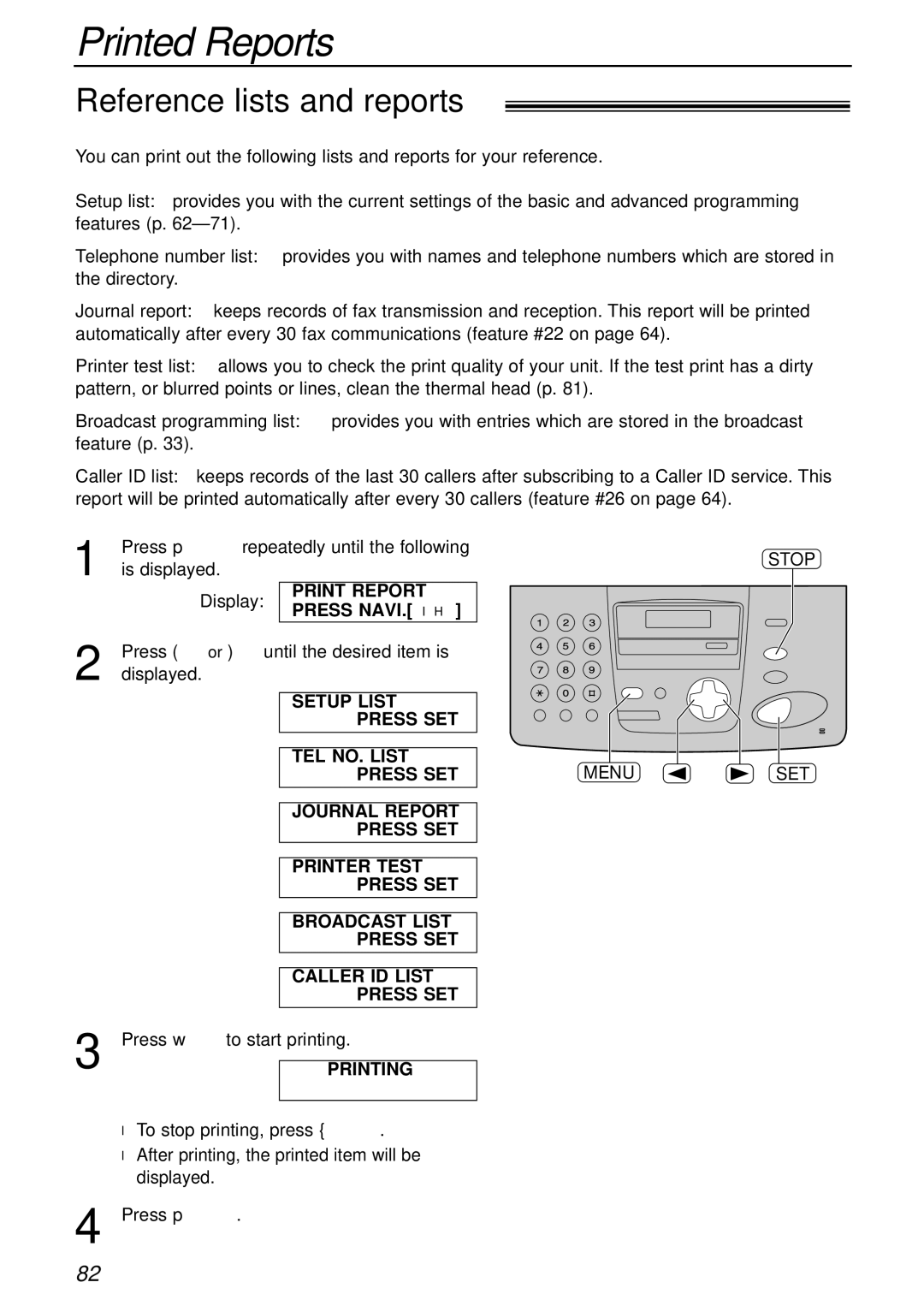 Panasonic KX-FP151AL, KX-FP155AL Printed Reports, Reference lists and reports, Print Report Press NAVI.I H, Stop Menuset 