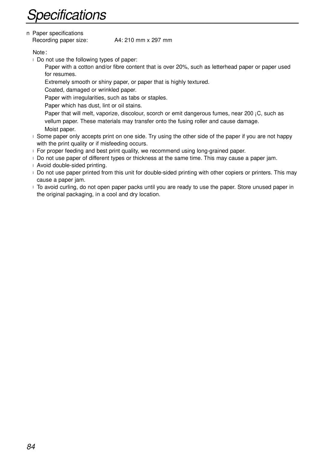 Panasonic KX-FP151AL, KX-FP155AL manual Paper specifications Recording paper size 