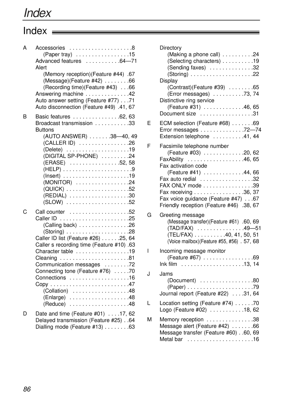 Panasonic KX-FP151AL, KX-FP155AL manual Index 