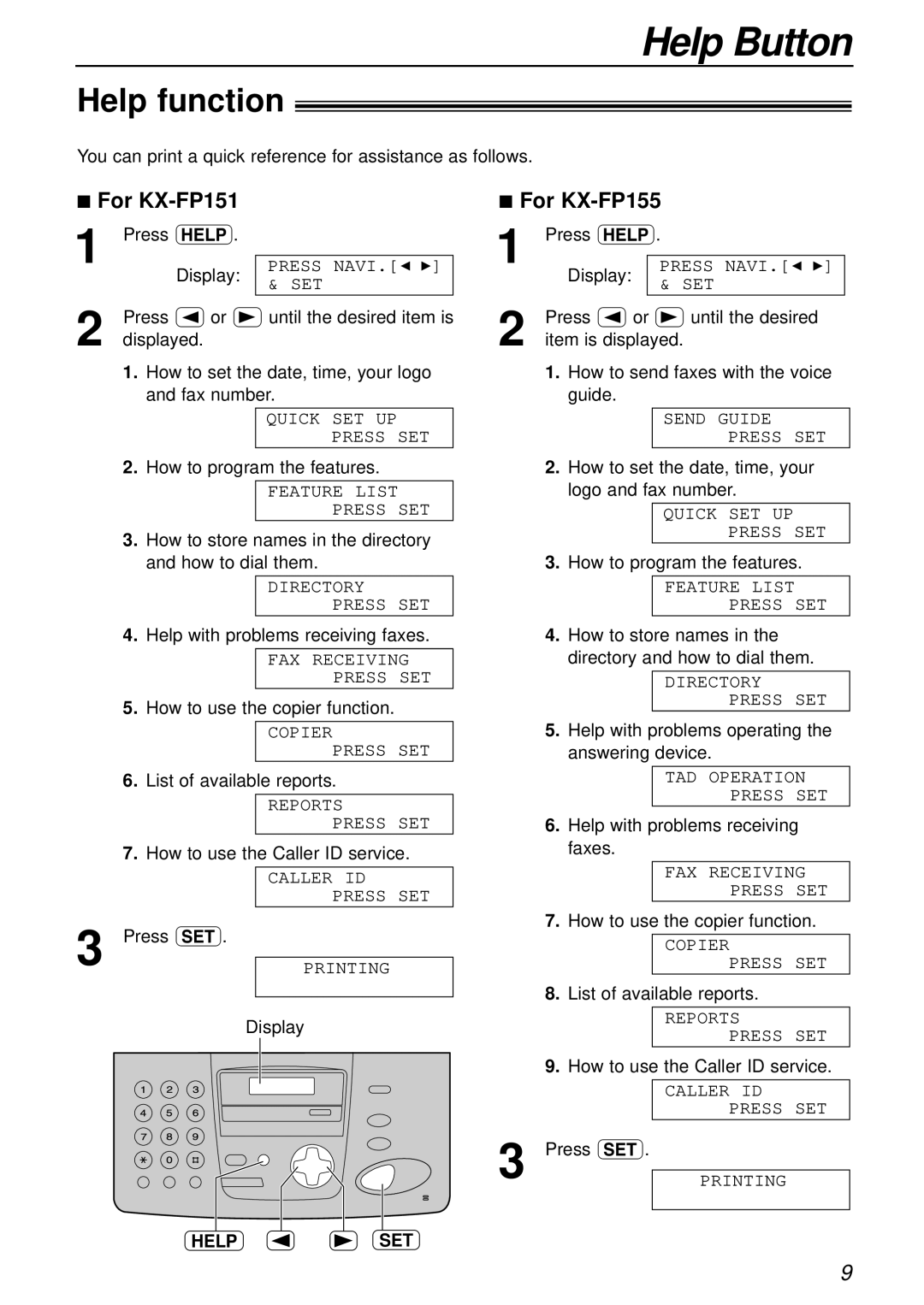 Panasonic KX-FP155AL, KX-FP151AL manual Help Button, Help function, Help SET 