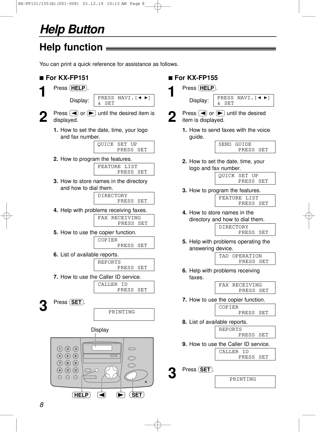 Panasonic KX-FP151E manual Help Button, Help function, Help SET 