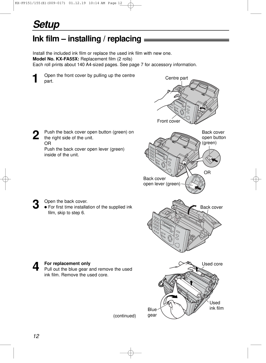 Panasonic KX-FP151E manual Setup, Ink film installing / replacing, For replacement only 