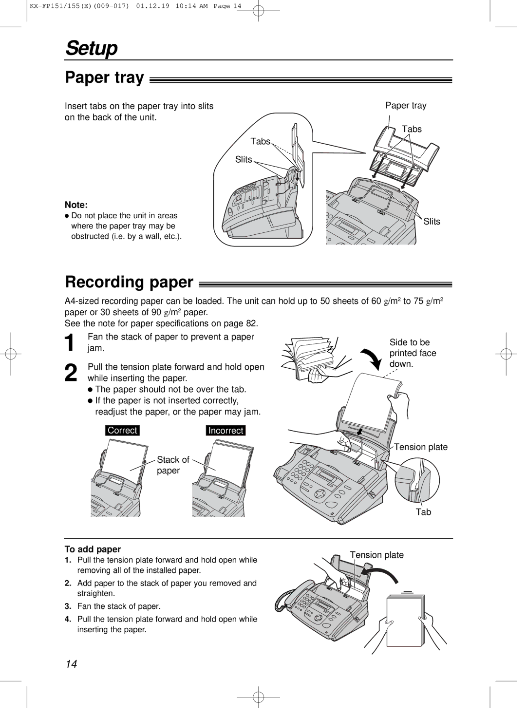 Panasonic KX-FP151E manual Paper tray, Recording paper, To add paper 