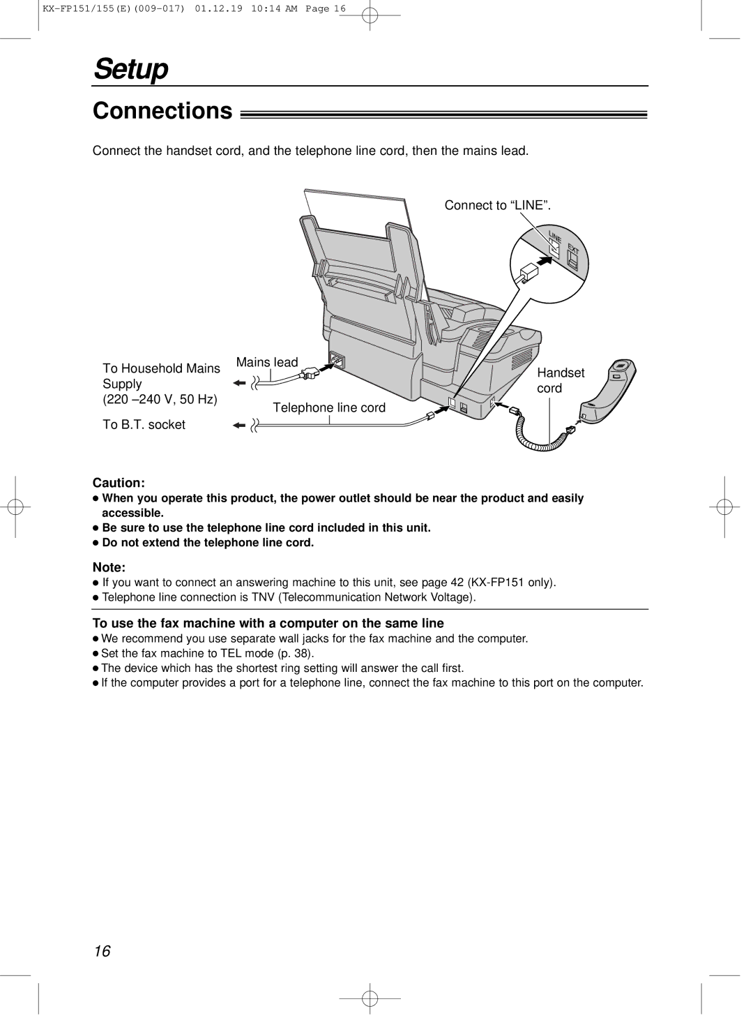 Panasonic KX-FP151E manual Connections, To use the fax machine with a computer on the same line 