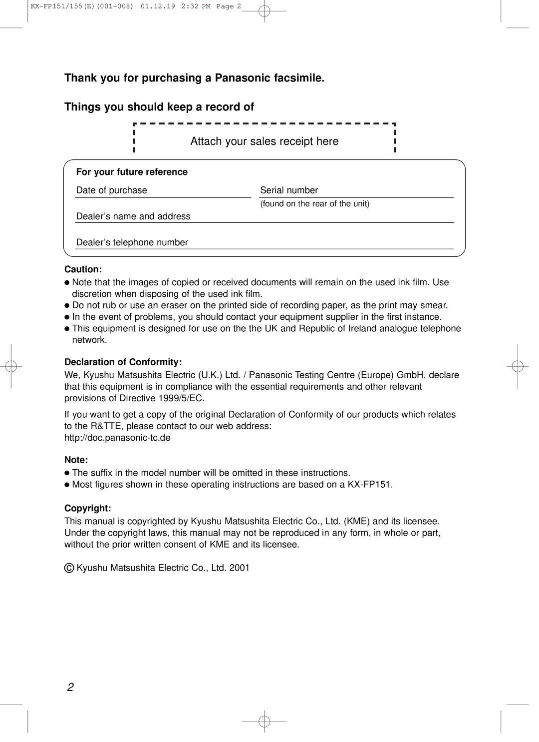 Panasonic KX-FP151E manual For your future reference, Date of purchase Serial number, Declaration of Conformity, Copyright 