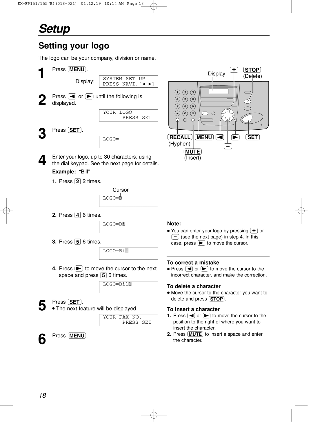 Panasonic KX-FP151E manual Setting your logo, Stop, Recall Menu SET, Mute 