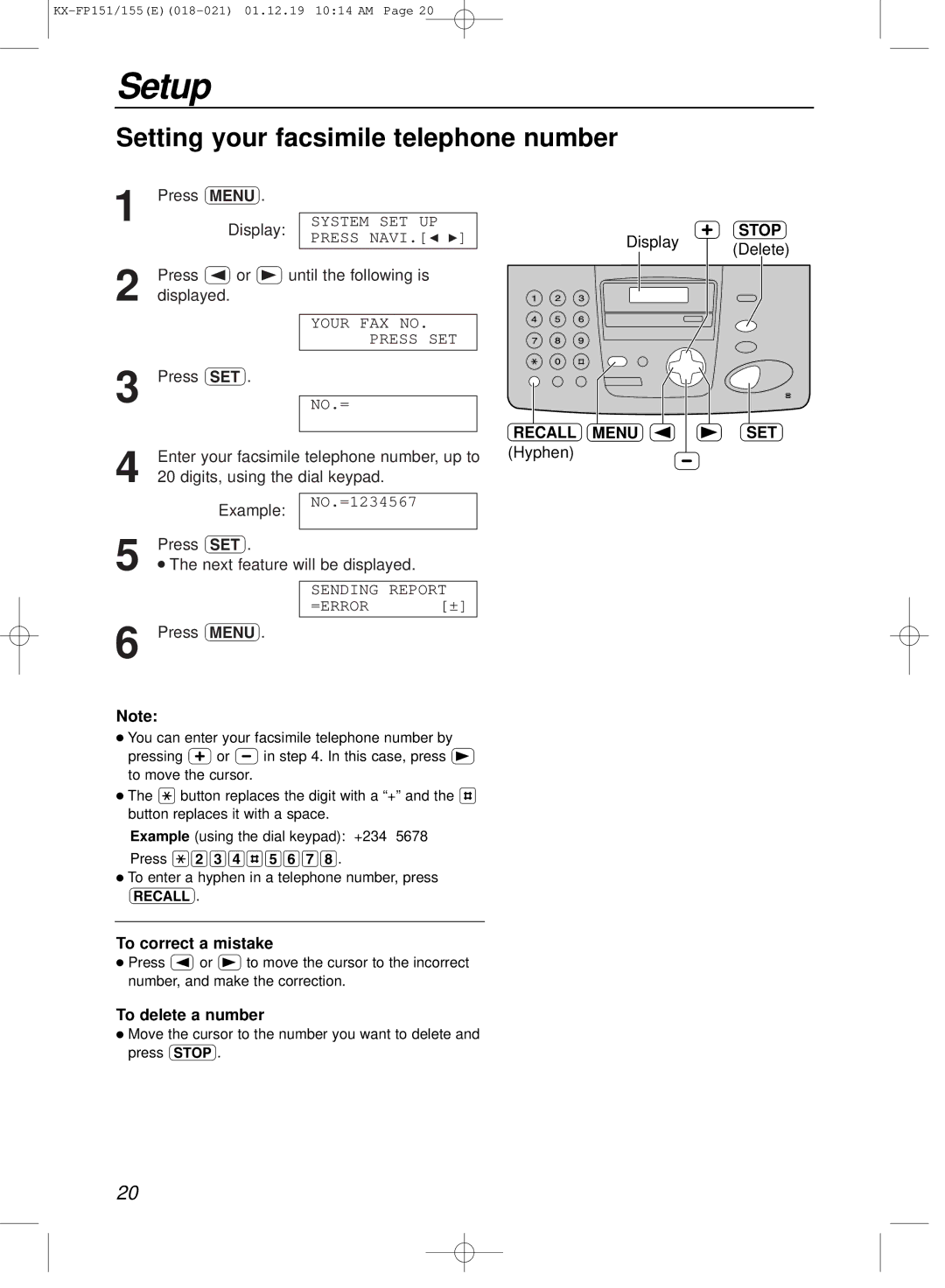 Panasonic KX-FP151E manual Setting your facsimile telephone number, Recall Menu, To delete a number 