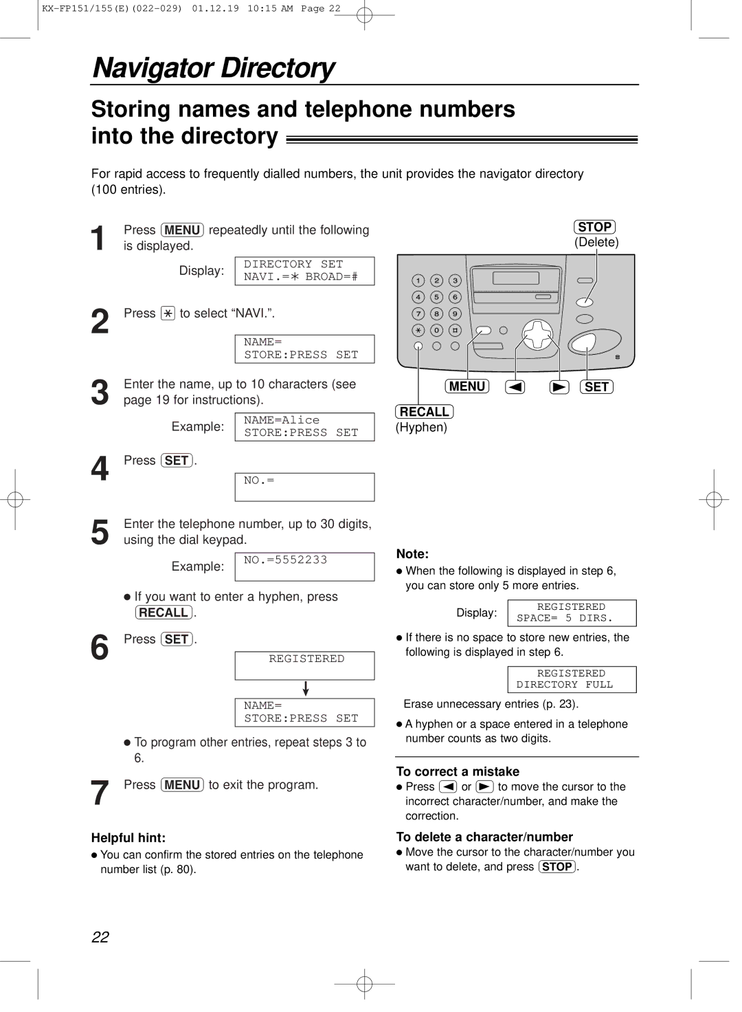 Panasonic KX-FP151E manual Navigator Directory, Storing names and telephone numbers into the directory, Menuset 